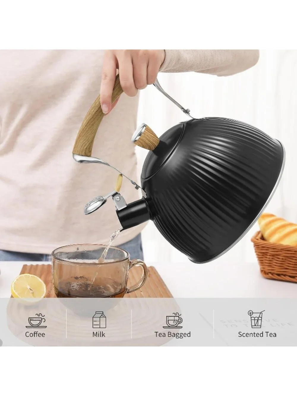Black Stainless Steel Kitchen Whistling Tea Kettle 2.5 Quart Folding Wood Handle